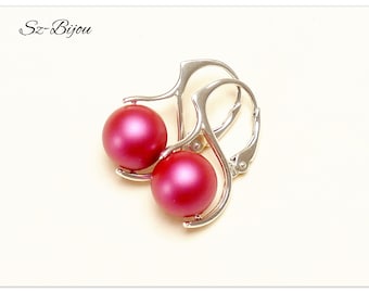 Silber Ohrringe Swarovski Perlen Ohrhänger Pearl Mulberry Pink Ohrringe Sterlingsilber Kristall Schmuck Himbeerrote Ohrhänger Braut Schmuck