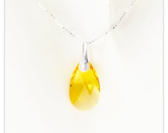 Silver Swarovski Pear necklace Light Topaz pendant Sterling silver jewelry Yellow drop pendant bridal necklace bridesmaids gift for her