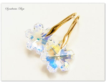 Gold plated earrings Swarovski Snowflake jewelry Aurore Boreale earrings gold jewelry Crystal earrings multicolor jewelry rainbow earrings