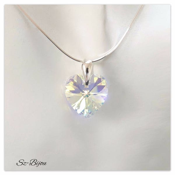 Silver pendant Swarovski Heart necklace Aurore Boreale pendant Multicolor necklacecrystal pendant Bridal jewelry Bridesmaid gift for her