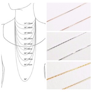 May include: A guide to necklace lengths in inches and centimeters. The image shows a line drawing of a person wearing necklaces of different lengths, with the corresponding measurements labeled. The image also shows three close-up photos of necklaces in gold, silver, and rose gold.