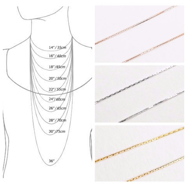 May include: A guide to necklace lengths in inches and centimeters. The image shows a line drawing of a person wearing necklaces of different lengths, with the corresponding measurements labeled. The image also shows three close-up photos of necklaces in gold, silver, and rose gold.