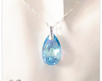 Silver pendant Swarovski Pear Aquamarine AB necklace Sterling silver Multicolor pendant light blue drop pendant Bridal jewelry gift for her