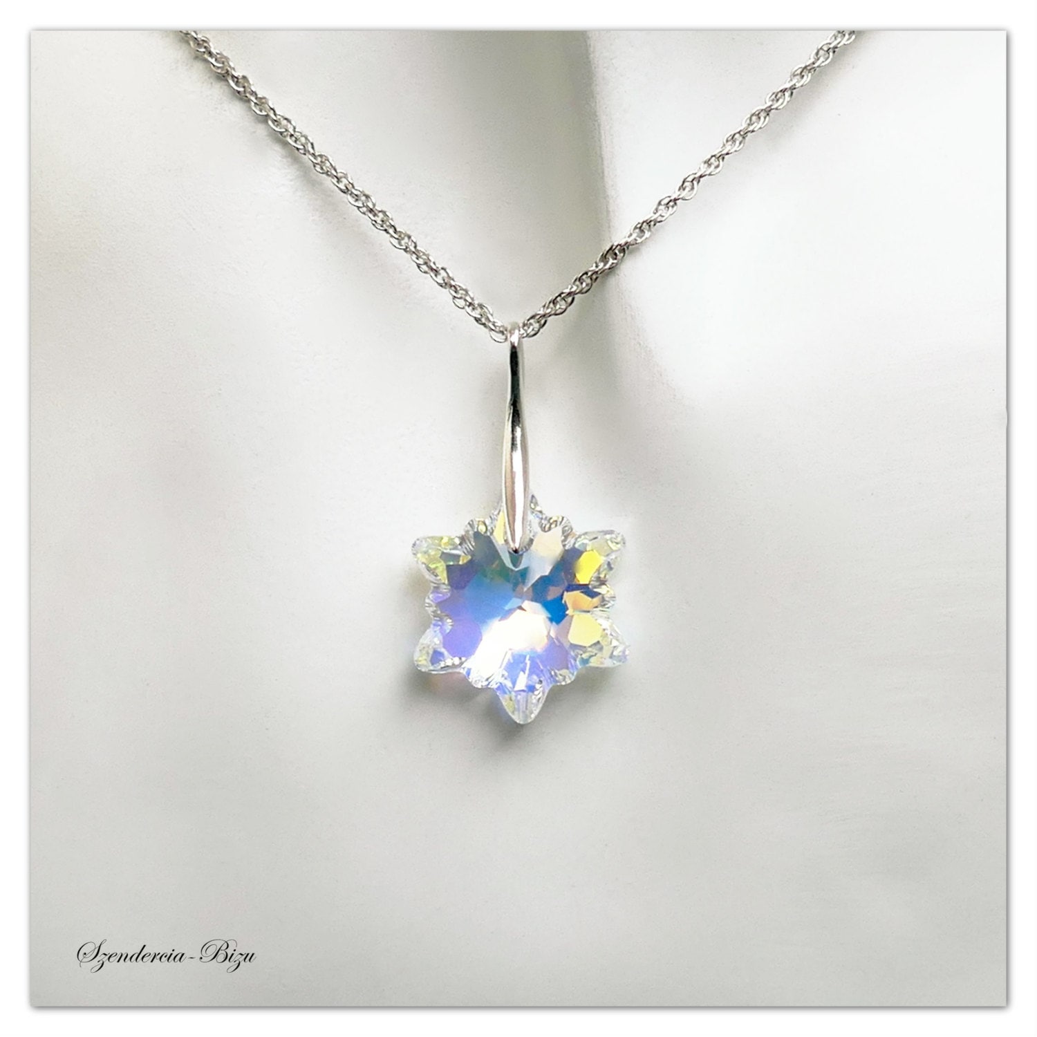 Silver Pendant Swarovski Edelweiss Aurore Boreale Necklace Snowflake Pendant Flower Jewelry Multicolor Pendant Bridesmaids Gift for Her Etsy