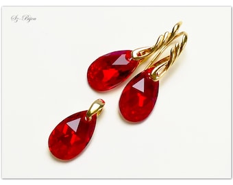 Gold-plated Jewelry Swarovski Pear jewellery Light Siam Aurore Boreale jewelry Crystal jewellery drop jewelry Red jewellery Bridal jewelry