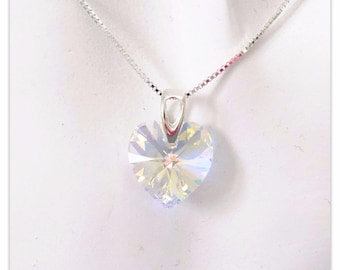 Silver pendant Swarovski Heart Aurore Boreale necklace Crystal jewelry multicolor pendant Bridal jewelry bridesmaids gift for her