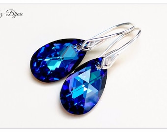 Silver Earrings Swarovski Pear-shaped Heliotrope jewelry Dark Blue Earrings Pear jewelry Violet Earrings Bridal jewelry multicolor earrings