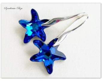 Silver earrings Swarovski Starfish earrings Heliotrope jewelry Starfish earrings Dark blue jewelry Multicolor earrings Bridal jewelry