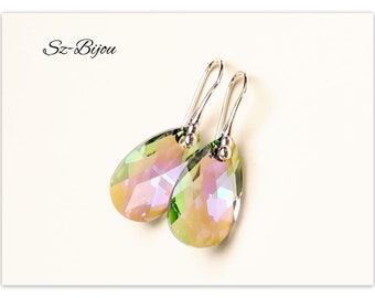 Silver earrings Swarovski Pear-Shaped Paradise Shine jewelry Green earrings drop jewelry Multicolor earrings Bridal jewelry Bridesmaid gift