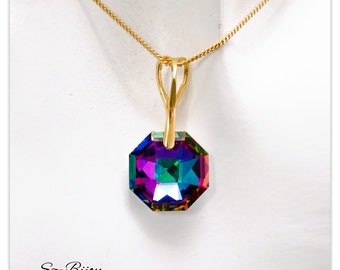 24K gold plated Silver Octagon Volcano crystal jewelry set multicolor geometric pendant rainbow bridal necklace bridesmaids gift for her
