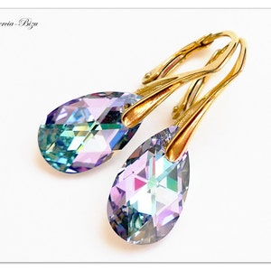 Gold plated earrings Swarovski Pear Vitrail Light jewelry Gold earrings Violet jewelry Bridal earrings multicolor jewellery gift for her image 1