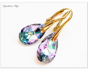 Gold plated earrings Swarovski Pear Vitrail Light jewelry Gold earrings Violet jewelry Bridal earrings multicolor jewellery gift for her