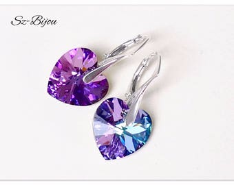 Silver earrings Swarovski Heart Vitrail Light jewelry Violet earrings purple jewelry Bridal earrings multicolor jewelry bridesmaids gift