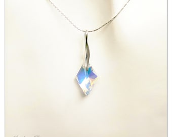 Silver pendant Swarovski Rhombus Aurore Boreale necklace Rhomb pendant Bridal necklace multicolor pendant geometric necklace gift for her