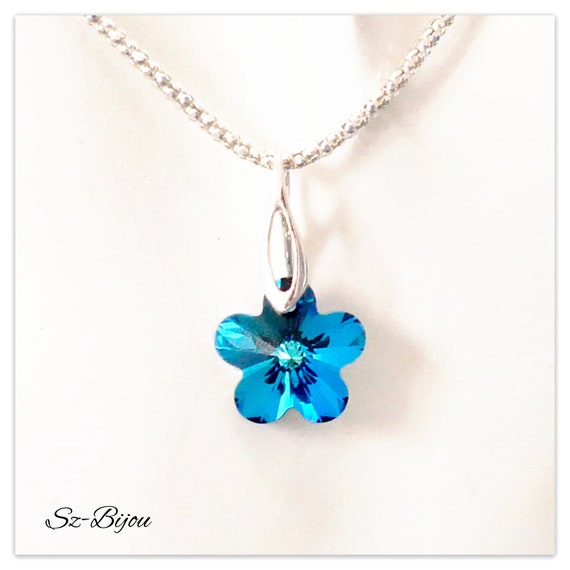 Blue Flower Necklace,swarovski Studded Necklace,silver Plated Casting  Necklace,vintage Flower,swarovski Crystal Necklace - Etsy