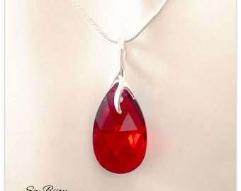 Silver Pendant Red Jewelry Swarovski Drop necklace Pear Scarlet Shimmer Jewelry Sterling Silver Cherry Red Pendant Bridesmaid Gift for her