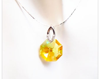 CZ Silver Swarovski Octagon Light Topaz Blue AB necklace multicolor Bridal jewelry yellow geometric jewellery Bridesmaids gift for her