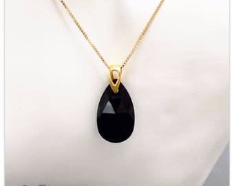 Gold plated pendant Swarovski Pear Jet necklace Gold pendant Black necklace Crystal pendant, Bridal pendant bridesmaids gift for her