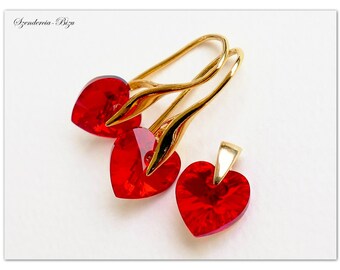 Gold plated Jewelry Swarovski Heart Light Siam Aurore Boreale jewellery Crystal jewelry Red jewellery Gold set Bridal jewelry gift for her