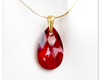 Gold-plated Silver pendant Swarovski Pear-shaped Red Magma jewelry Gold-plated necklace Red Magma pendant Red jewelry bridal necklace