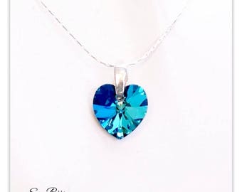 Silver pendant Swarovski Heart necklace Bermuda Blue jewelry turquoise pendant multicolor necklace bridal jewelry bridesmaids gift for her