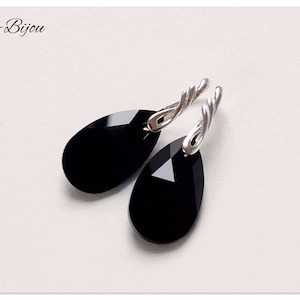Silver earrings Swarovski Pear shaped Jet jewelry Sterlingsilver earrings Black jewelry dangle drop earrings Crystal jewelry gift for her