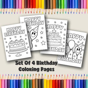 Kids Birthday Coloring Pages | Instant Download Birthday Party Activity | Set of 4 Print At Home Coloring Sheets | Happy Birthday