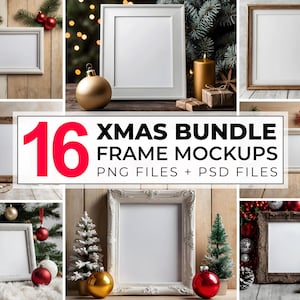 Weihnachtsrahmen Mockup Bundle, 16 x PSD Mockups & PNG, Weihnachts Bundle Rahmen Mockup, festliches Rahmenset für Fotografie und Wandkunst Präsentation