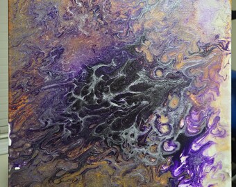 Original Abstract Pour Painting, 12 x 16, purples, creams, oranges