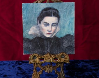 Portretstudie renaissance – origineel olieverfschilderij op paneel, 5 x 5 in.