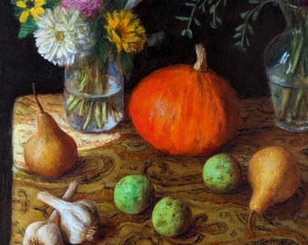 Origineel olieverfschilderij: herfstmarktstilleven, Maine Grown