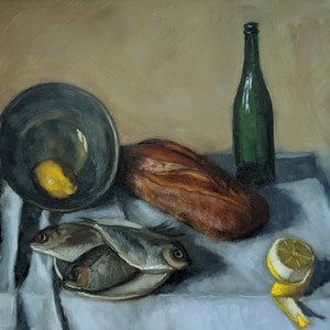 Fish, Bread, Lemon - Original Oil Painting Still Life by Katharina Gifford 9x12