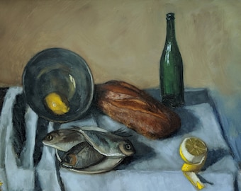 Vis, brood, citroen - Origineel olieverfschilderij stilleven van Katharina Gifford, 9 x 12 inch