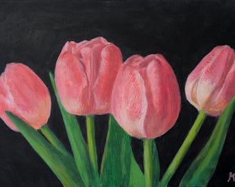 Roze tulpenolieverfschilderij: Nederlands stilleven, 5 x 7 in.