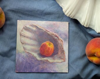 Stilleven met perzik in de dop - origineel olieverfschilderij 5 x 5 Alla Prima-paneel