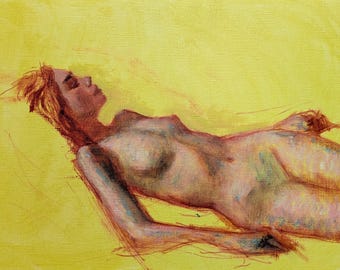 Origineel olieverfschilderij – figuurstudie in geel, 9 x 12 inch