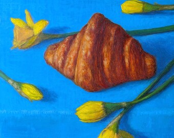Croissant met narcissen: origineel olieverfschilderijstilleven van Katharina Gifford, 6 x 6 in.