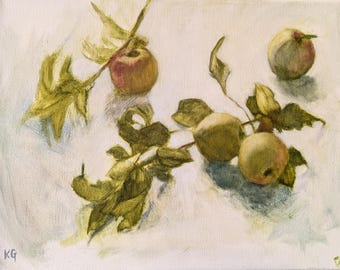 Wilde appels: originele olieverfschilderijschets van Katharina Gifford, 11 x 14 inch