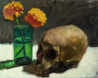 Schedel en goudsbloemen - origineel olieverfschilderij stilleven van Katharina Gifford, 7 x 10