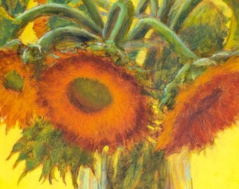 Zonnebloembos - origineel olieverfschilderij – 6 x 6 stilleven op paneel
