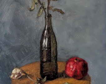 Origineel olieverfschilderij: stilleven rozen en granaatappel, 9 x 11 in