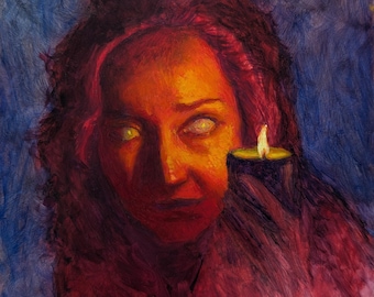 Vervloekt – origineel olieverfschilderij – spookachtig portret bij kaarslicht, schilderkunstige gotische kunst, 6 x 6 in.