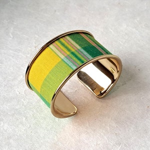 Cuff Bangle Bracelet in traditional Madras fabric from the Antilles - in yellow & green tones