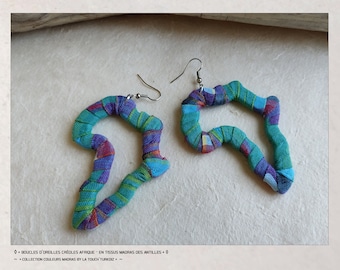 Boucles d'oreilles Afrique en Tissus Madras turquoise et violet