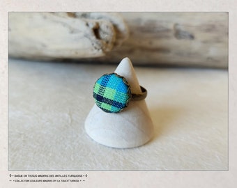 Retro Adjustable Ring in Madras Fabrics from the West Indies Turquoise