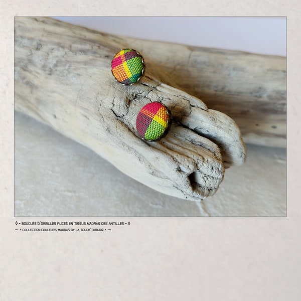 Boucles d'oreilles Puces Bouton Rétro en Tissus Madras des Antilles Rouge, vert, jaune