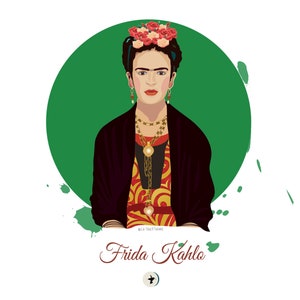 Carte Postale • Frida Kahlo • Illustration Digitale • Fond Turquoise/ Tache d'encre verte /fond blanc à pois • Lot de 3 Cartes Postales