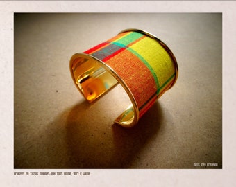 Cuff bangle bracelet in traditional Madras fabrics from the West Indies - in red, yellow & green tones