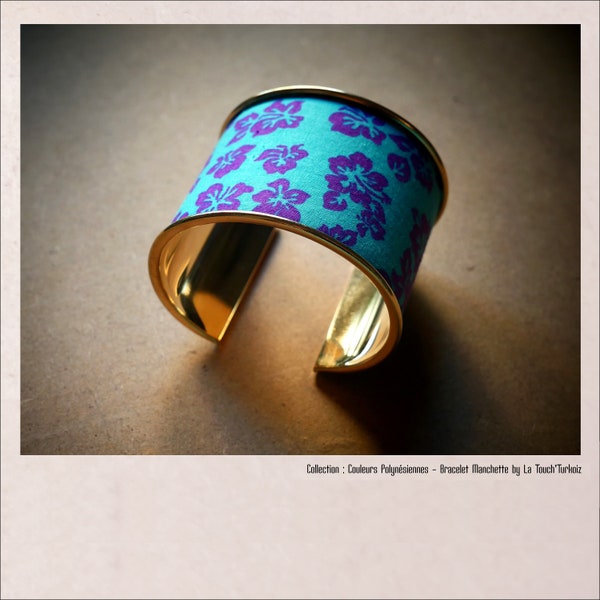 Bracelet Jonc Manchette Couleurs Polynésiennes - tissus en coton motifs fleuris turquoise et violet