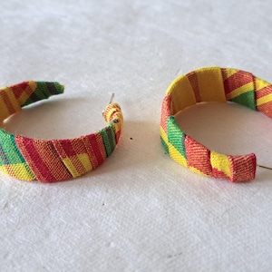 Ethnic Creole Earrings in Traditional Madras Fabric from the Antilles in Red, Green and Yellow